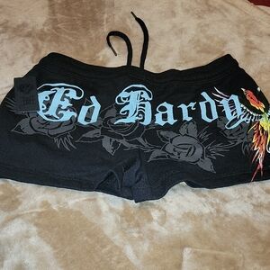 Ed Hardy Black Shorts with Blue Logo and Multicolor Wing Graphic